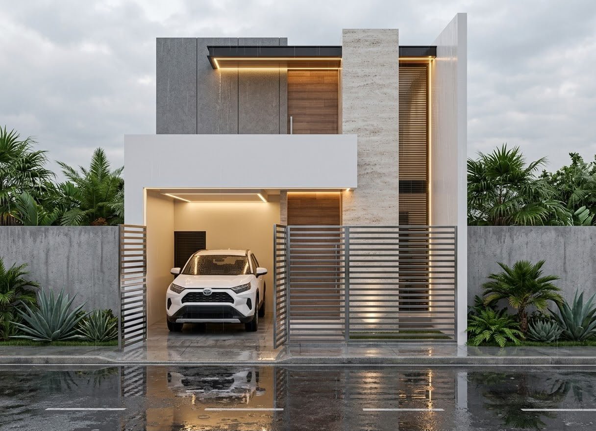 Render del proyecto residencial de NILA en Bahía de Banderas, Nayarit: fachada de dos niveles con volumen gris, columna de travertino, celosía de madera iluminada y cochera al anochecer